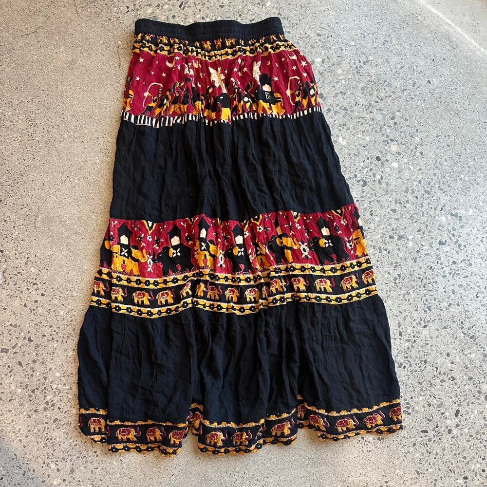 Cotton Women’s M Black Tiered Midi Skirt Elephant Print Boho Festival